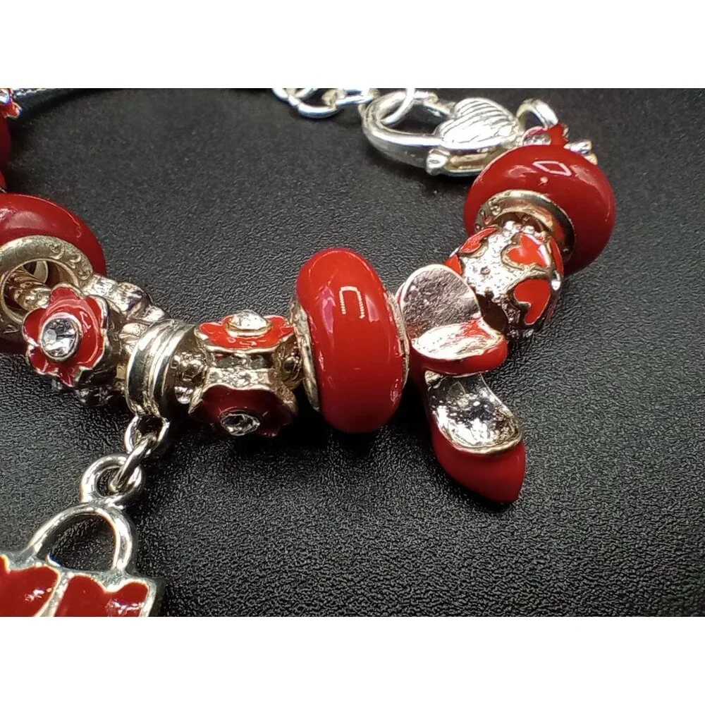 Charm Bracelet Beads Rhinestone Silver Tone Snake Chain Red Statement Jewelry - Picture 7 of 13